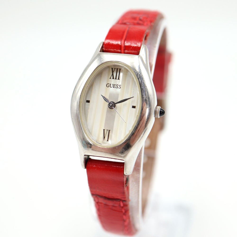 Vintage 1996 Guess Striped MOP Watch 22mm Oval Dial Red Leather w New Battery